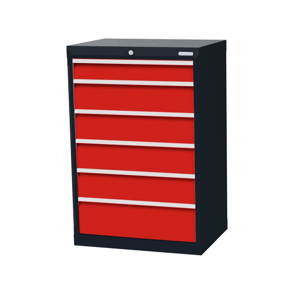 Imagen del producto: Armario con cajones Bedrunka+Hirth Profi, cajones 1x100 + 4x150 + 1x200 mm, H x A x F 1.019 x 680 x 500 mm, gris antracita, rojo tráfico