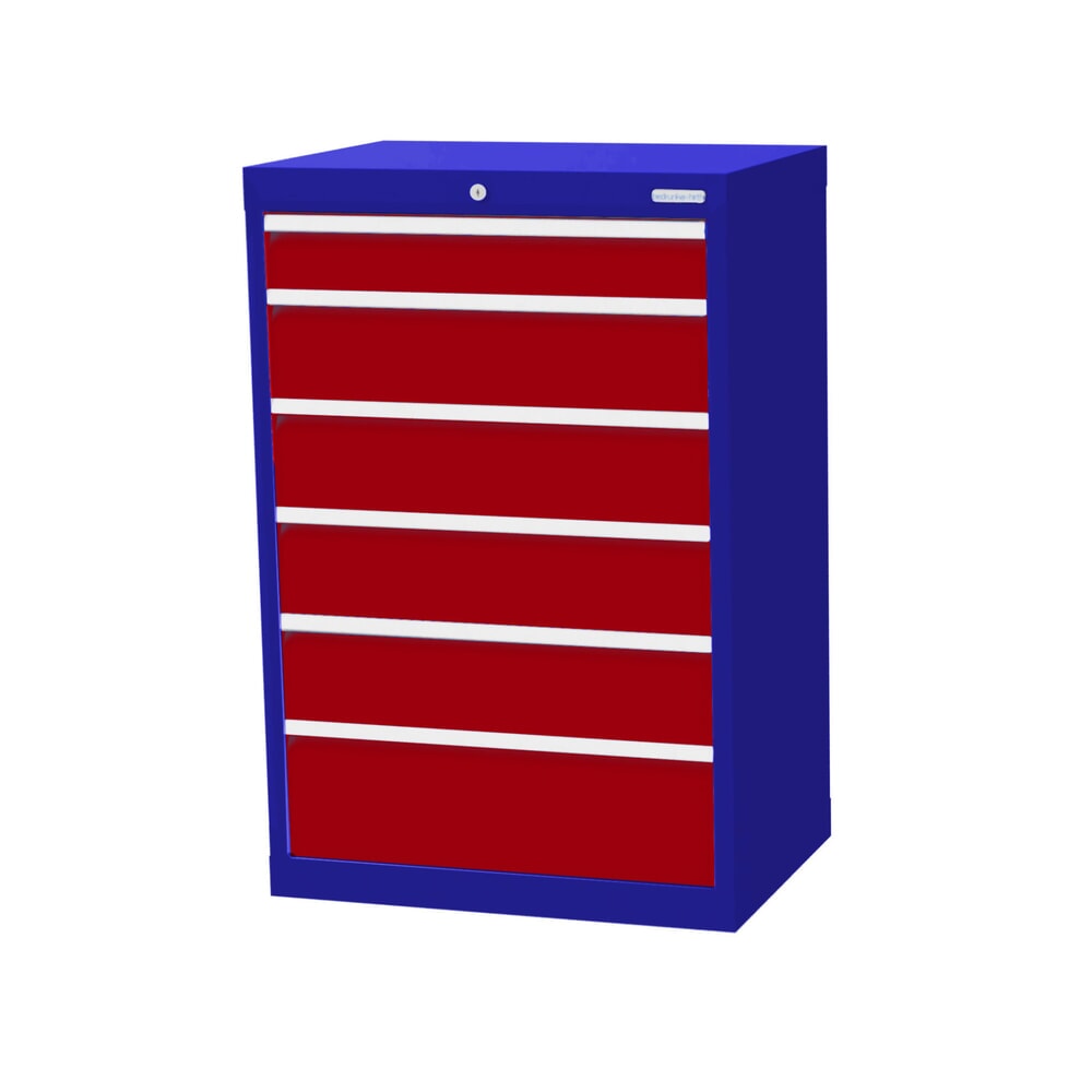 Imagen del producto: Armario con cajones Bedrunka+Hirth Profi, cajones 1x100 + 4x150 + 1x200 mm, H x A x F 1.019 x 680 x 500 mm, azul genciana, rojo rubí