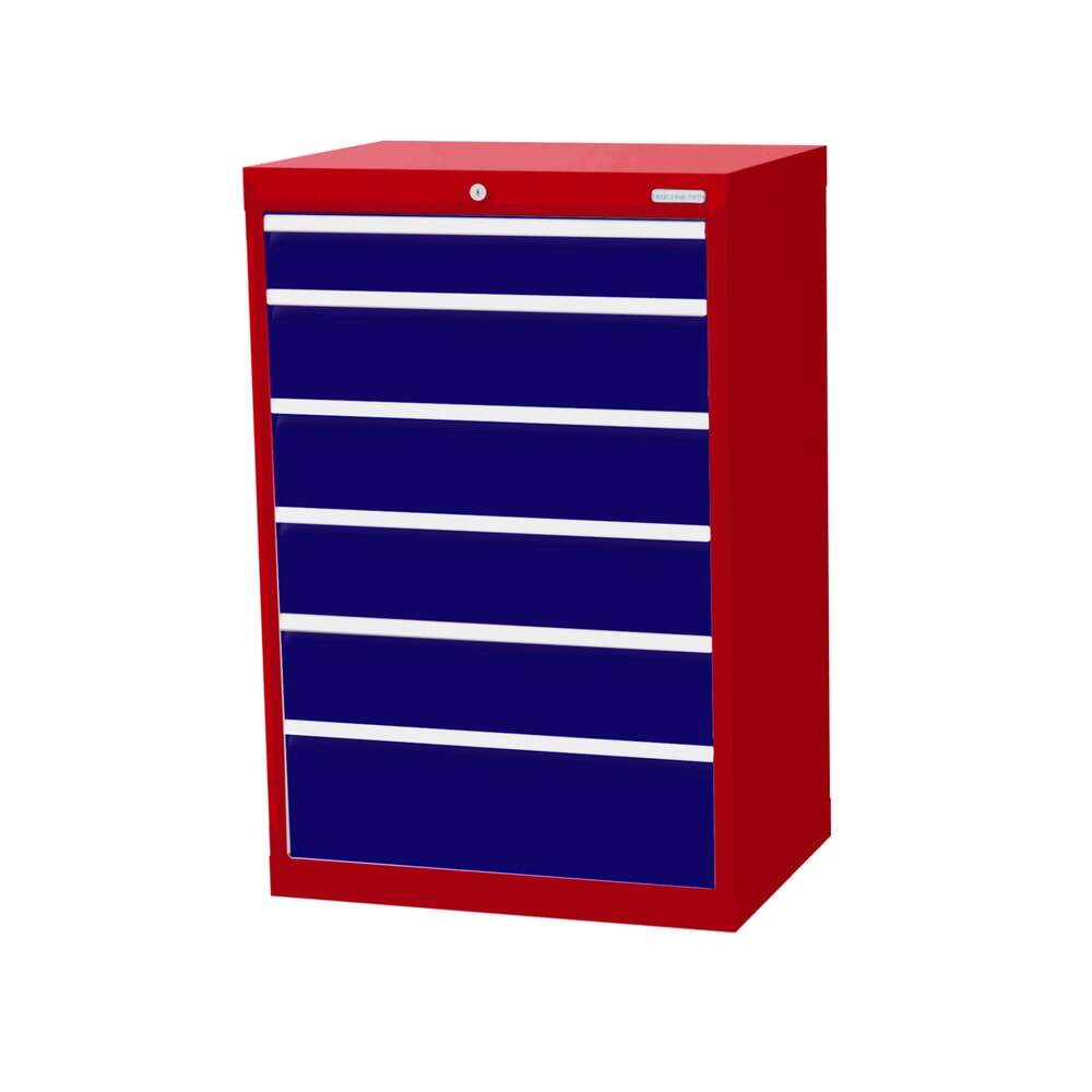 Imagen del producto: Armario con cajones Bedrunka+Hirth Profi, cajones 1x100 + 4x150 + 1x200 mm, H x A x F 1.019 x 680 x 500 mm, rojo rubí, azul genciana
