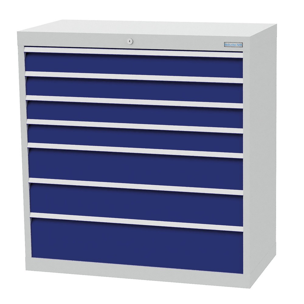 Imagen del producto: Armario con cajones Bedrunka+Hirth Profi, cajones 4x100 + 2x150 + 1x200 mm, H x A x F 1.019 x 980 x 500 mm, gris luminoso, azul genciana