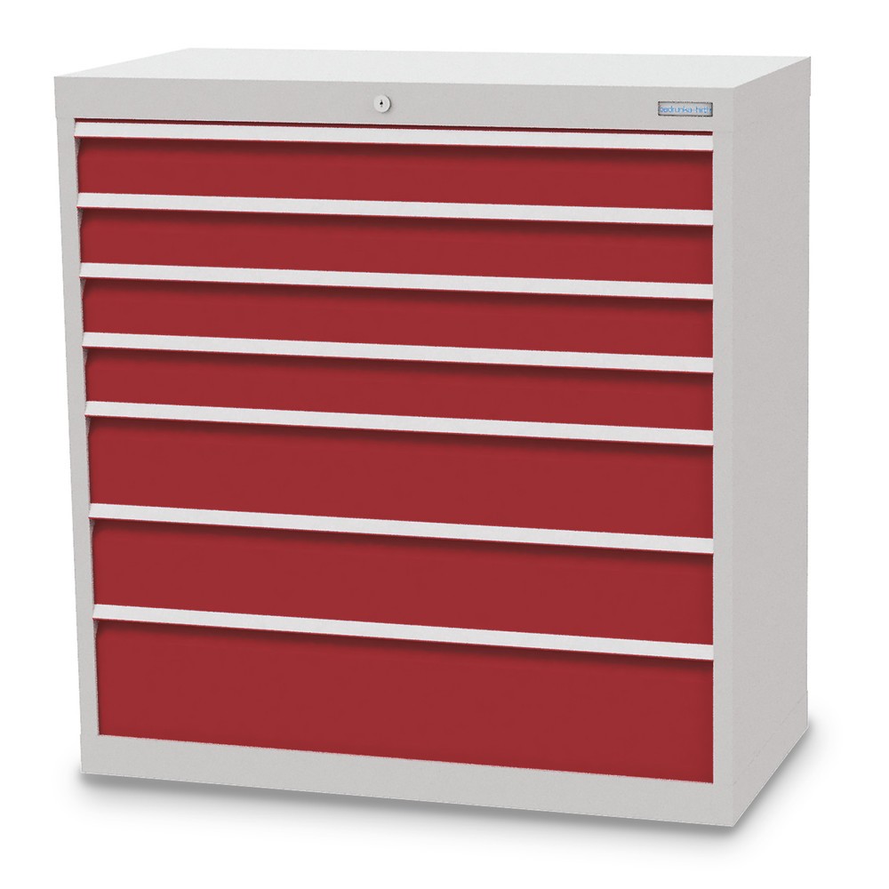 Imagen del producto: Armario con cajones Bedrunka+Hirth Profi, cajones 4x100 + 2x150 + 1x200 mm, H x A x F 1.019 x 980 x 500 mm, gris luminoso, rojo rubí