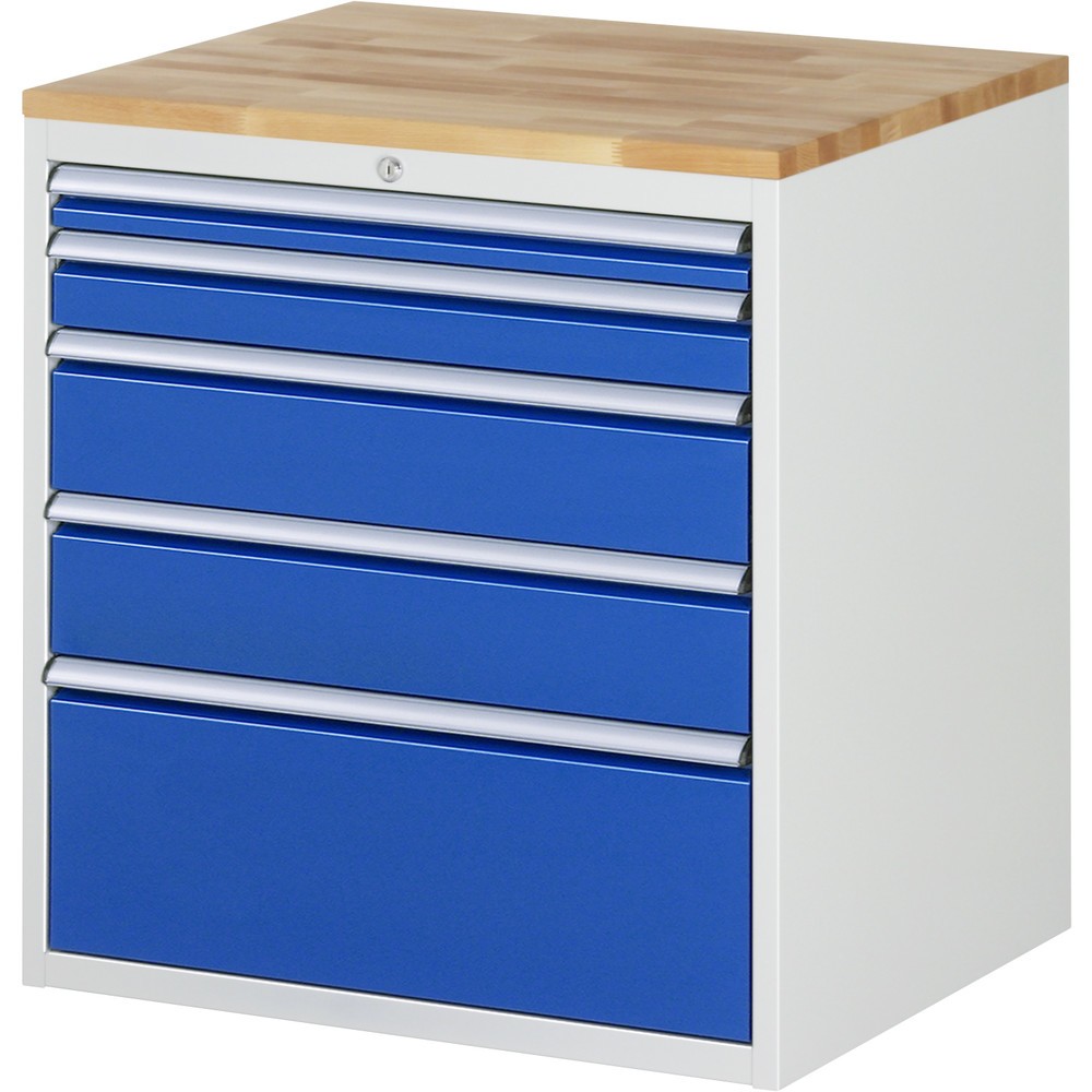 Imagen del producto: Armario con cajones RAU serie 7000, HxAxF 825 x 770 x 650 mm, 5 cajones extraíbles al 90%, 1 x 60 mm, 1 x 90 mm, 2 x 150 mm, 1 x 270 mm, encimera de haya