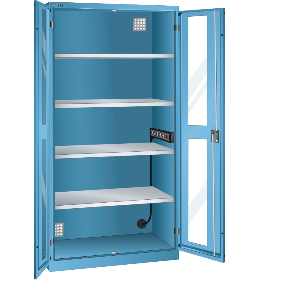 Illustration du produit: Armoire à casiers LISTA avec prises électriques, (lxPxH) 1 000x580x1 950 mm, 1 bloc multiprises sur paroi latérale, vitres transparentes, bleu clair