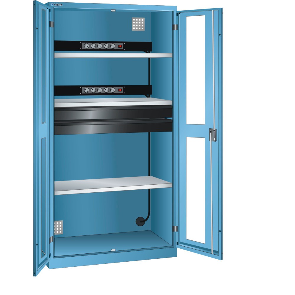 Illustration du produit: Armoire à casiers LISTA avec prises électriques, (lxPxH) 1 000x580x1 950 mm, 2 blocs multiprises, 2 tiroirs, bleu clair