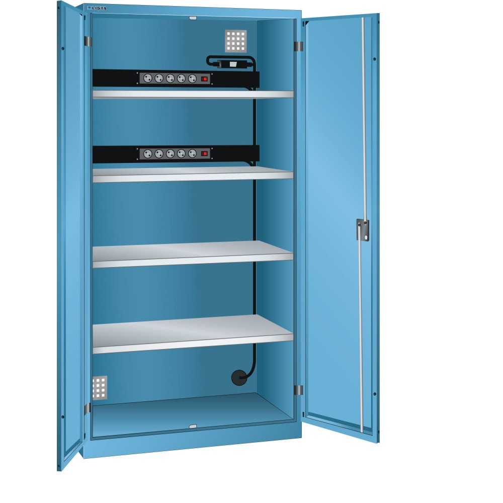 Illustration du produit: Armoire à casiers LISTA avec prises électriques, (lxPxH) 1 000x580x1 950 mm, 2 blocs multiprises sur paroi arrière, FI/LS, bleu clair