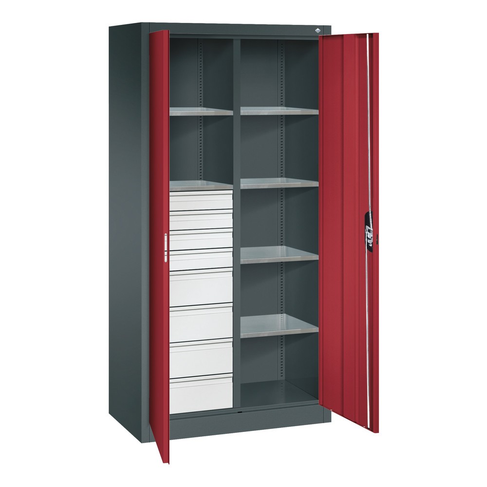 N° de l'image du produit 8 : Armoire à outils C+P, 4 x 86 + 4 x 174 mm, 6 tablettes, largeur 930 mm, gris anthracite, rouge rubis
