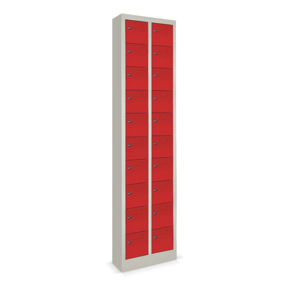 N° de l'image du produit 2 : Armoire à petits compartiments PAVOY, 20 compartiments, H x l x P 1 950 x 460 x 200 mm, avec porte-étiquettes, rouge feu, gris clair