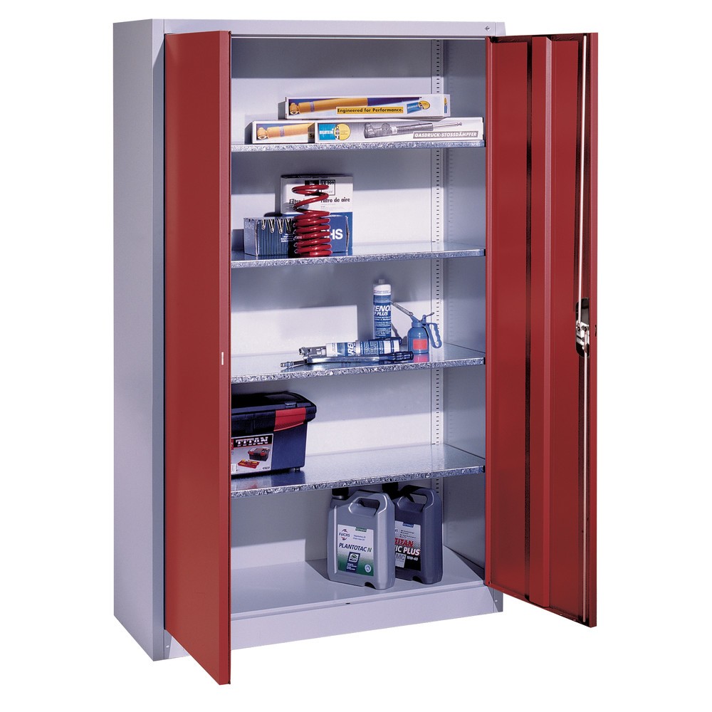 N° de l'image du produit 17 : Armoire à portes battantes d’atelier C+P avec 4 tablettes, H x l x P 1 950 x 930 x 500 mm, gris clair, bleu clair