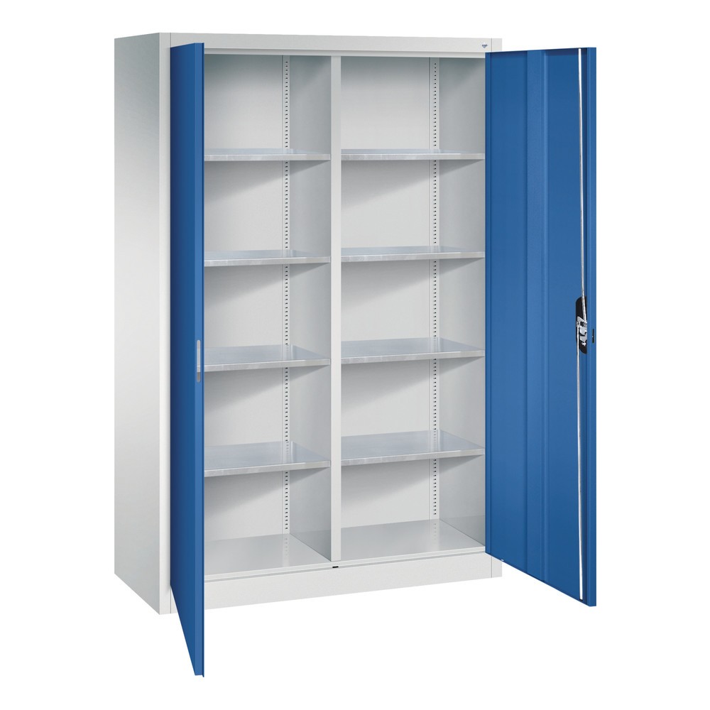 N° de l'image du produit 3 : Armoire à portes battantes d’atelier C+P avec paroi centrale + 8 tablettes, H x l x P 1 950 x 1 200 x 500 mm, gris clair, bleu gentiane