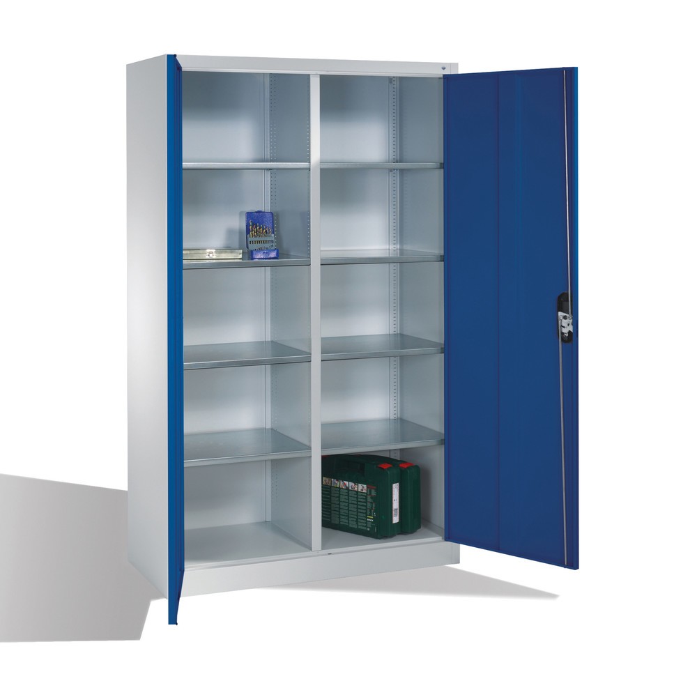 N° de l'image du produit 4 : Armoire à portes battantes d’atelier C+P avec paroi centrale + 8 tablettes, H x l x P 1 950 x 1 200 x 500 mm, gris clair, bleu gentiane