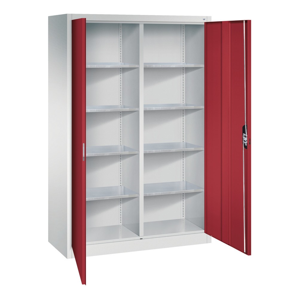 N° de l'image du produit 4 : Armoire à portes battantes d’atelier C+P avec paroi centrale + 8 tablettes, H x l x P 1 950 x 1 200 x 500 mm, gris clair, rouge rubis