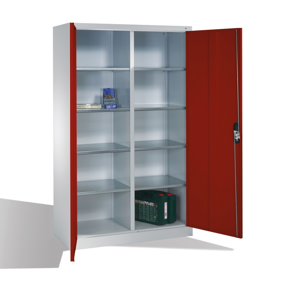 N° de l'image du produit 5 : Armoire à portes battantes d’atelier C+P avec paroi centrale + 8 tablettes, H x l x P 1 950 x 1 200 x 500 mm, gris clair, rouge rubis