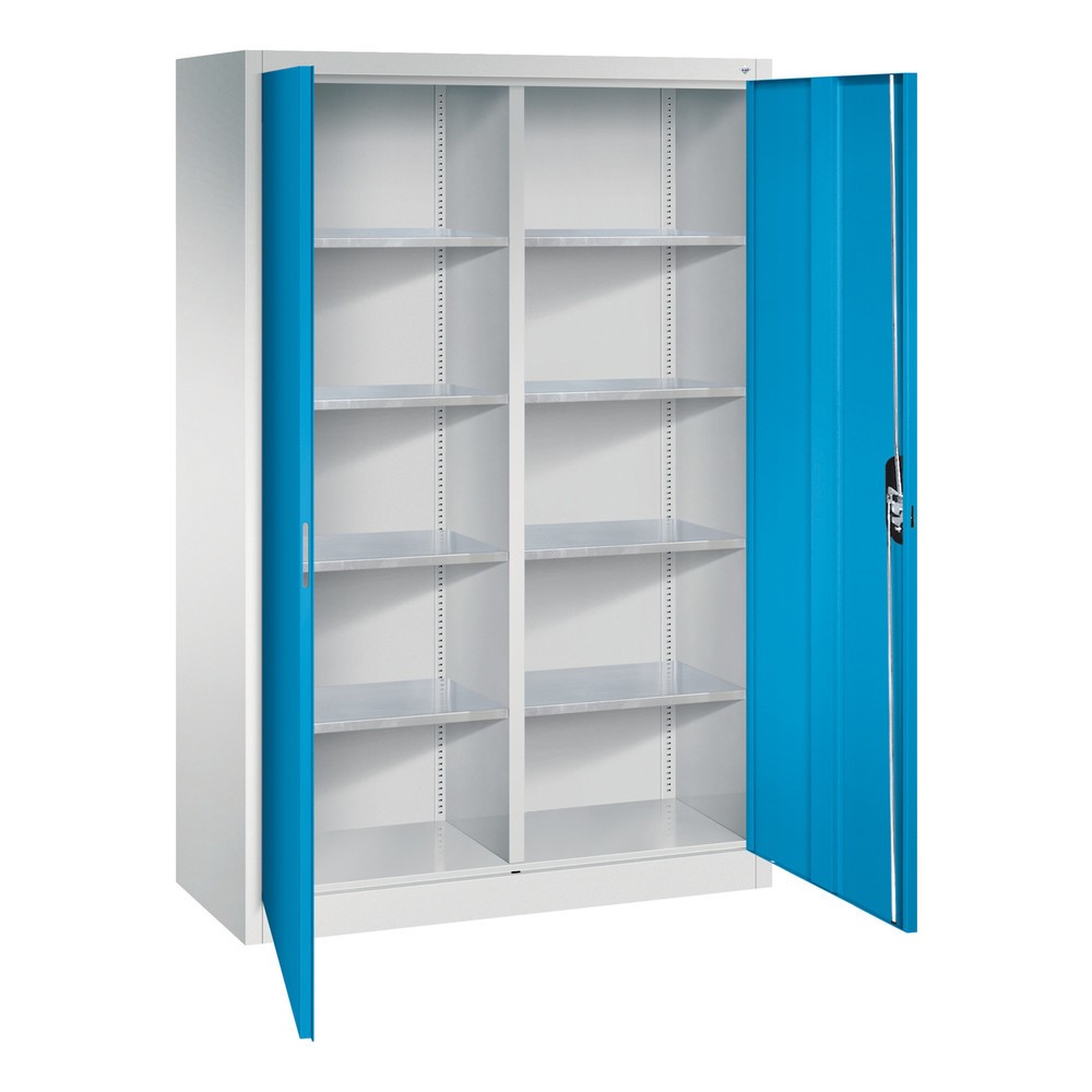 N° de l'image du produit 4 : Armoire à portes battantes d’atelier C+P avec paroi centrale + 8 tablettes, H x l x P 1 950 x 1 200 x 500 mm, gris clair, bleu clair