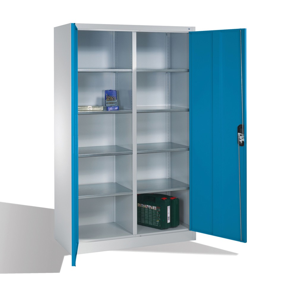 N° de l'image du produit 5 : Armoire à portes battantes d’atelier C+P avec paroi centrale + 8 tablettes, H x l x P 1 950 x 1 200 x 500 mm, gris clair, bleu clair