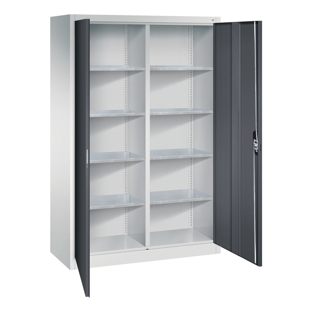 Illustration du produit: Armoire à portes battantes d’atelier C+P avec paroi centrale + 8 tablettes, H x l x P 1 950 x 1 200 x 500 mm, gris clair, gris noir