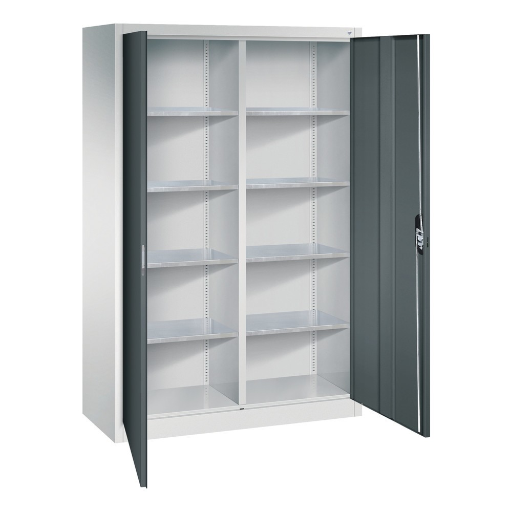 N° de l'image du produit 4 : Armoire à portes battantes d’atelier C+P avec paroi centrale + 8 tablettes, H x l x P 1 950 x 1 200 x 500 mm, gris clair, gris anthracite