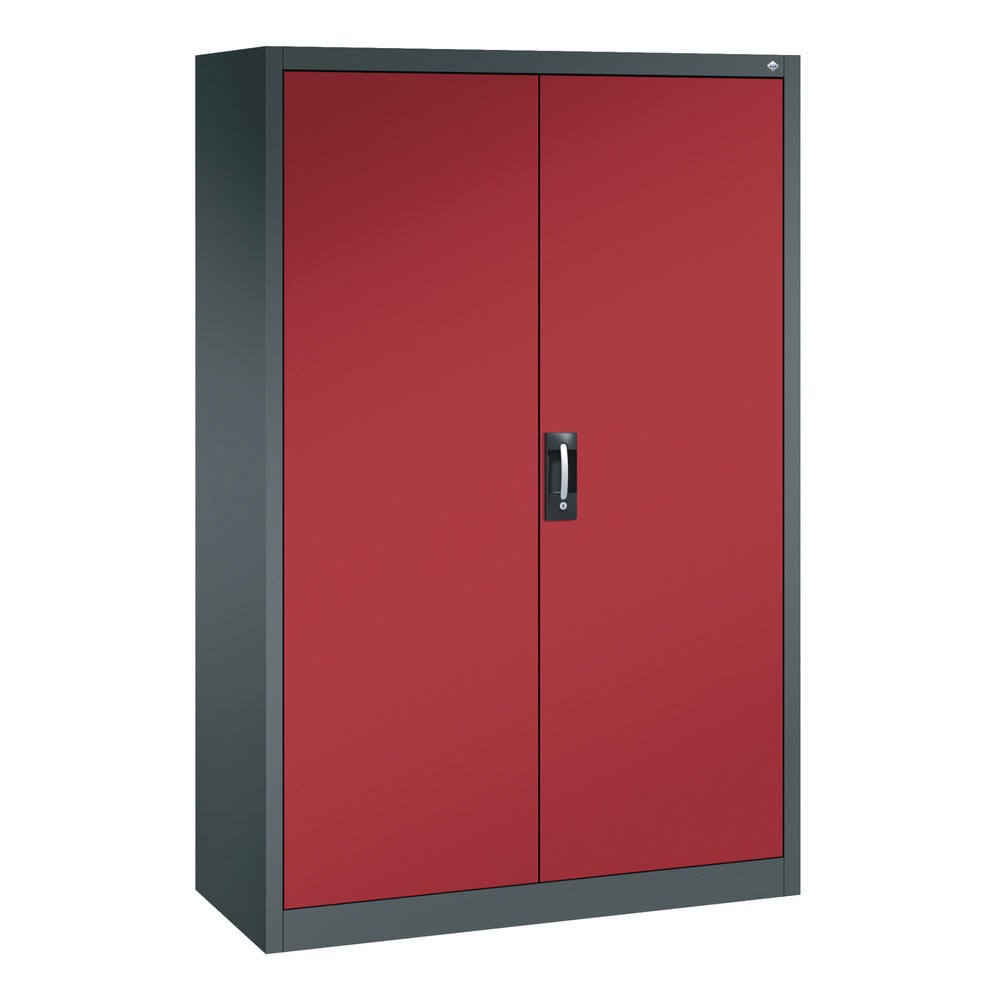 Illustration du produit: Armoire à portes battantes d’atelier C+P avec paroi centrale + 8 tablettes, H x l x P 1 950 x 1 200 x 500 mm, gris anthracite, rouge rubis