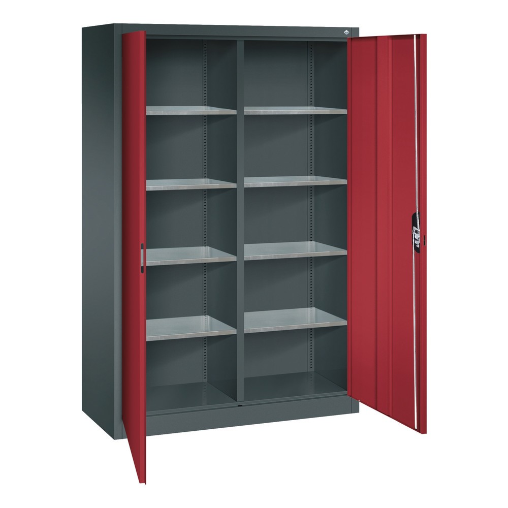 N° de l'image du produit 4 : Armoire à portes battantes d’atelier C+P avec paroi centrale + 8 tablettes, H x l x P 1 950 x 1 200 x 500 mm, gris anthracite, rouge rubis