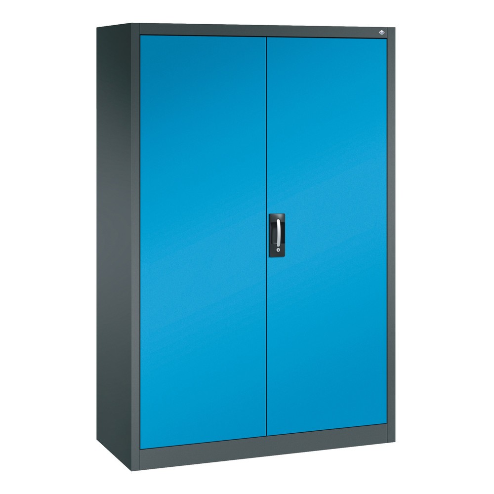 Illustration du produit: Armoire à portes battantes d’atelier C+P avec paroi centrale + 8 tablettes, H x l x P 1 950 x 1 200 x 500 mm, gris anthracite, bleu clair