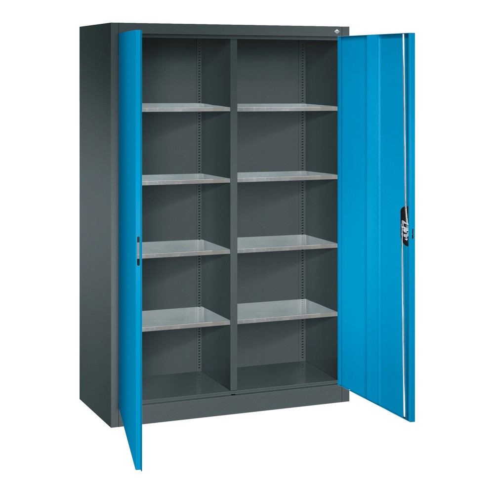 N° de l'image du produit 4 : Armoire à portes battantes d’atelier C+P avec paroi centrale + 8 tablettes, H x l x P 1 950 x 1 200 x 500 mm, gris anthracite, bleu clair