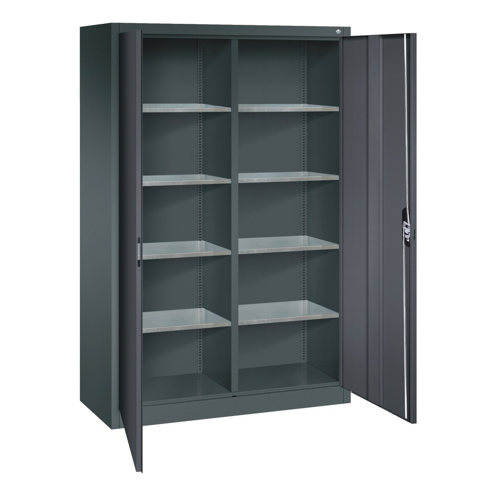 N° de l'image du produit 4 : Armoire à portes battantes d’atelier C+P avec paroi centrale + 8 tablettes, H x l x P 1 950 x 1 200 x 500 mm, gris anthracite, gris noir