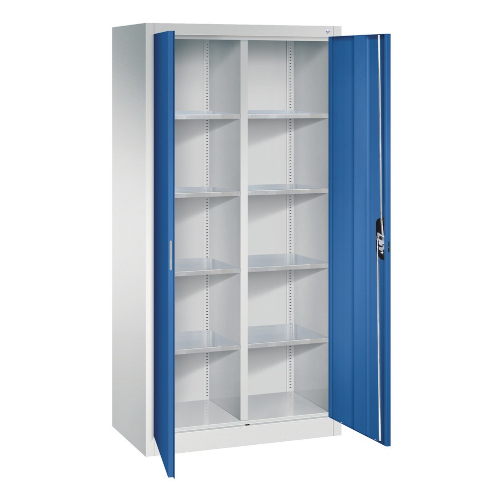 N° de l'image du produit 6 : Armoire à portes battantes d’atelier C+P avec paroi centrale + 8 tablettes, H x l x P 1 950 x 930 x 500 mm, gris clair, bleu gentiane