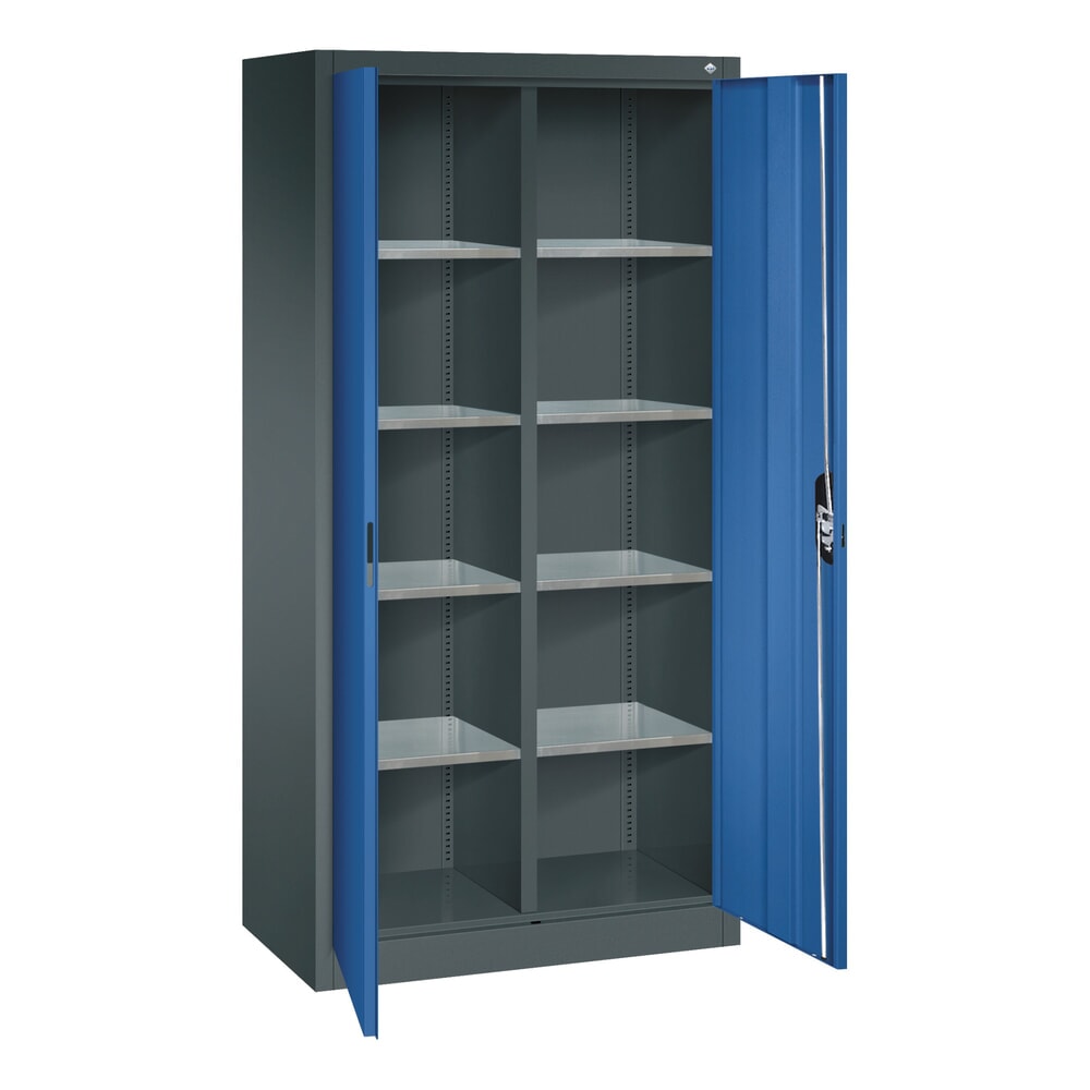 N° de l'image du produit 4 : Armoire à portes battantes d’atelier C+P avec paroi centrale + 8 tablettes, H x l x P 1 950 x 930 x 500 mm, gris anthracite, bleu gentiane