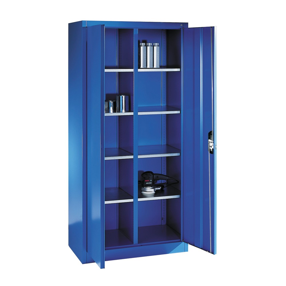 N° de l'image du produit 2 : Armoire à portes battantes d’atelier C+P avec paroi centrale + 8 tablettes, H x l x P 1 950 x 1 200 x 500 mm, gris clair, bleu gentiane