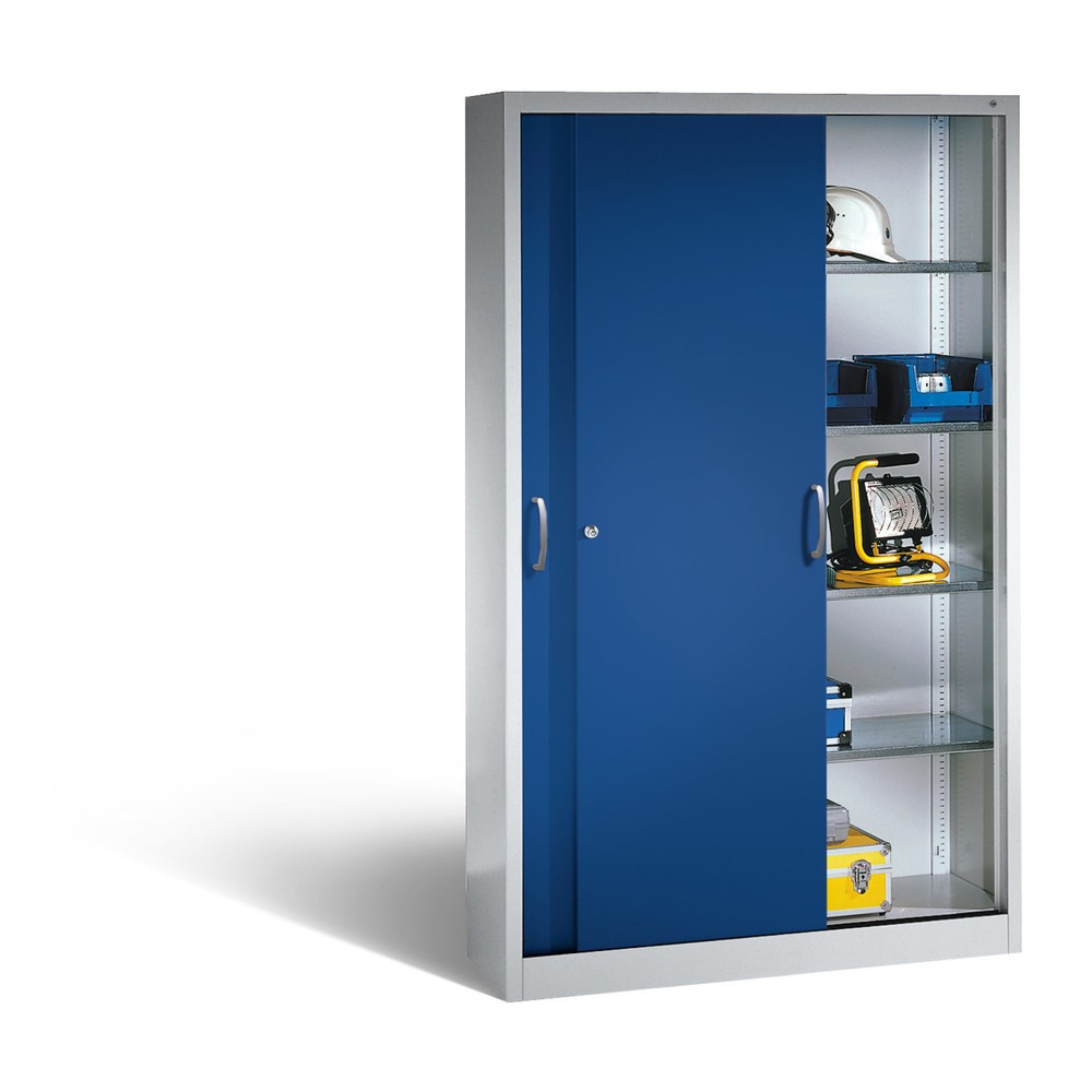 N° de l'image du produit 4 : Armoire à portes coulissantes d’atelier C+P avec 4 tablettes, H x l x P 1 950 x 1 200 x 400 mm, gris clair, bleu gentiane