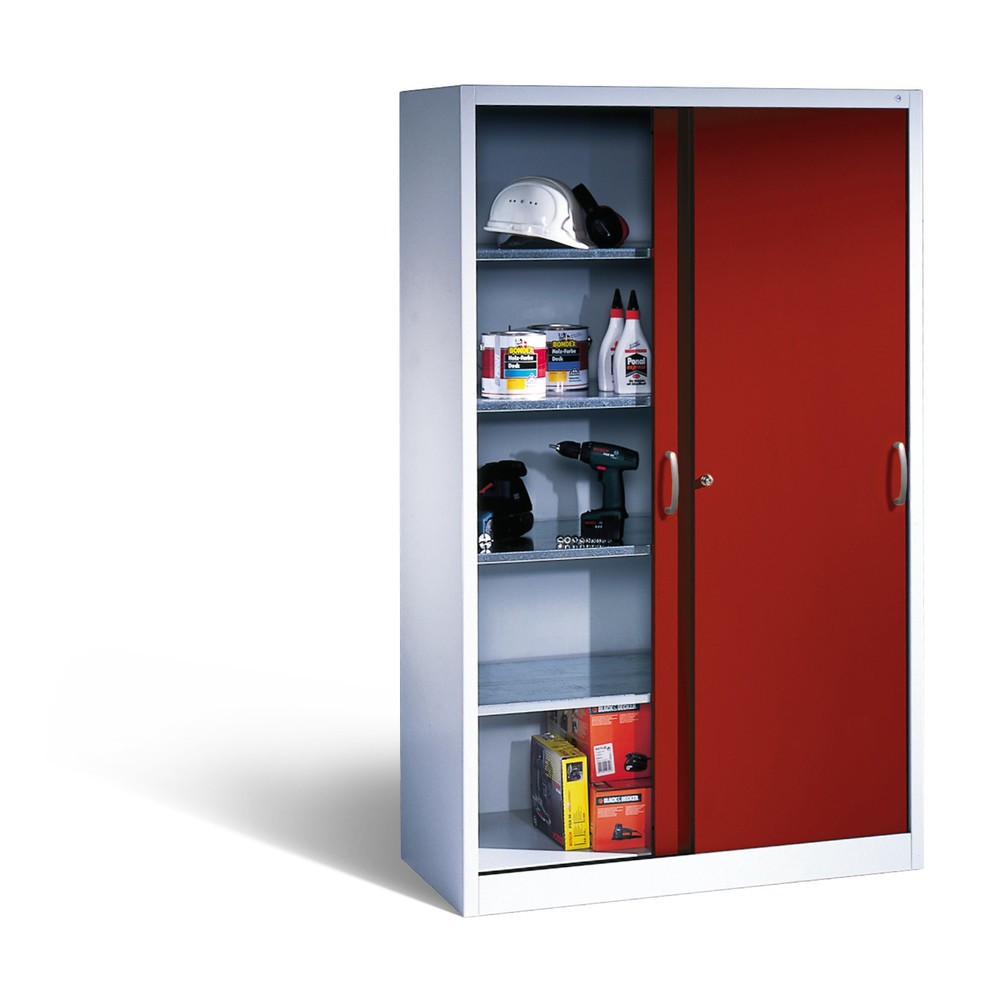 N° de l'image du produit 4 : Armoire à portes coulissantes d’atelier C+P avec 4 tablettes, H x l x P 1 950 x 1 200 x 400 mm, gris clair, rouge rubis