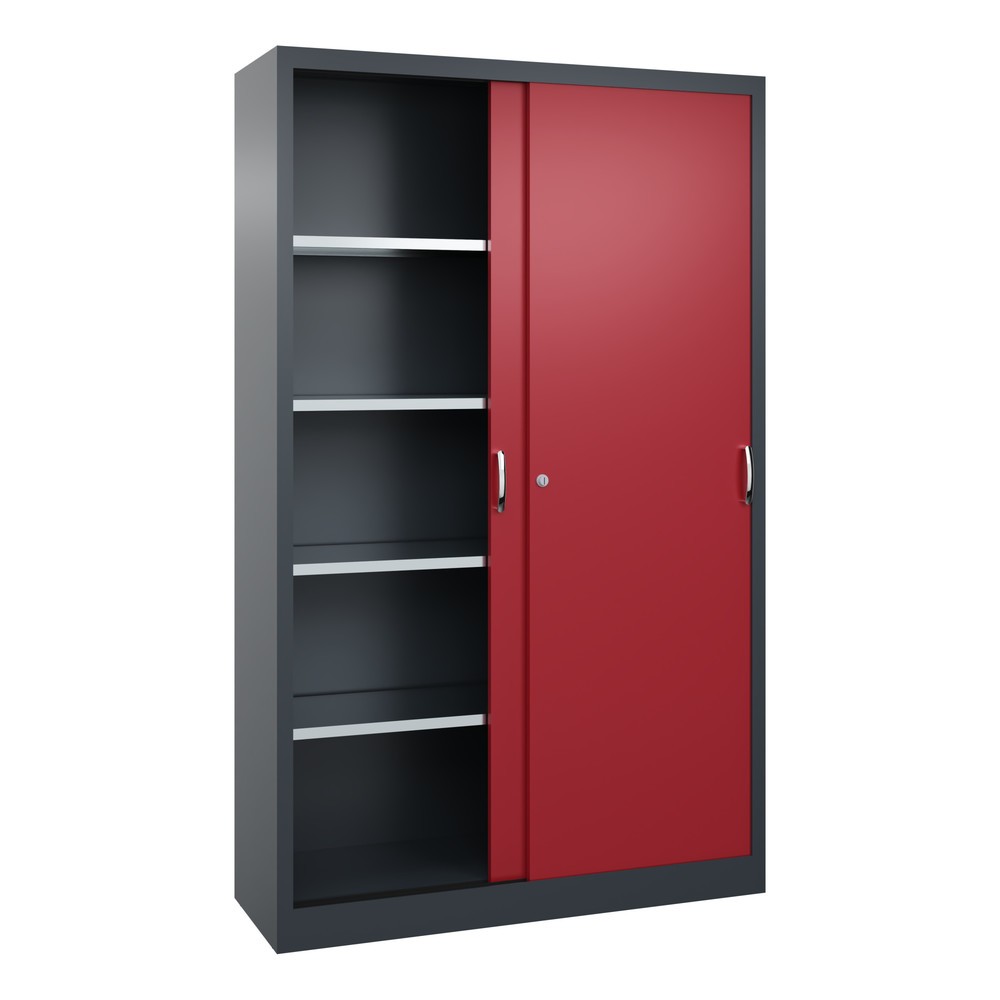 N° de l'image du produit 3 : Armoire à portes coulissantes d’atelier C+P avec 4 tablettes, H x l x P 1 950 x 1 200 x 400 mm, gris anthracite, rouge rubis