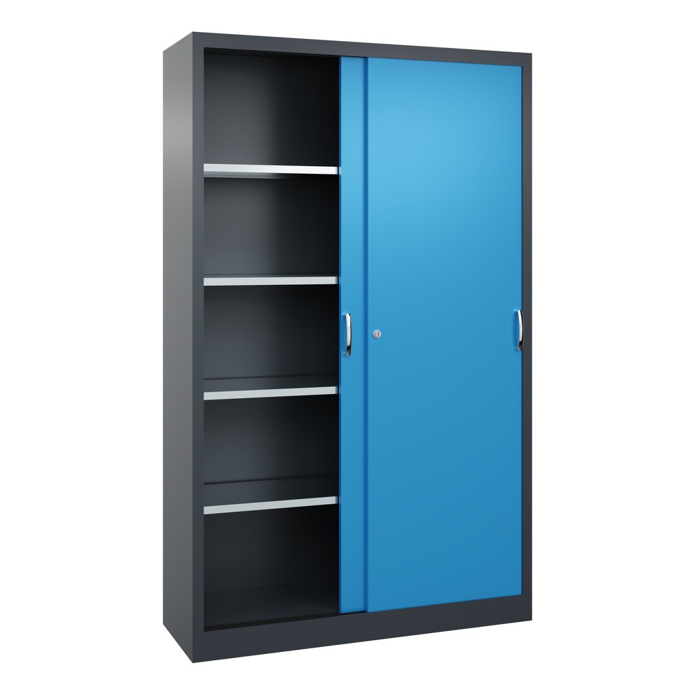 N° de l'image du produit 3 : Armoire à portes coulissantes d’atelier C+P avec 4 tablettes, H x l x P 1 950 x 1 200 x 400 mm, gris anthracite, bleu clair
