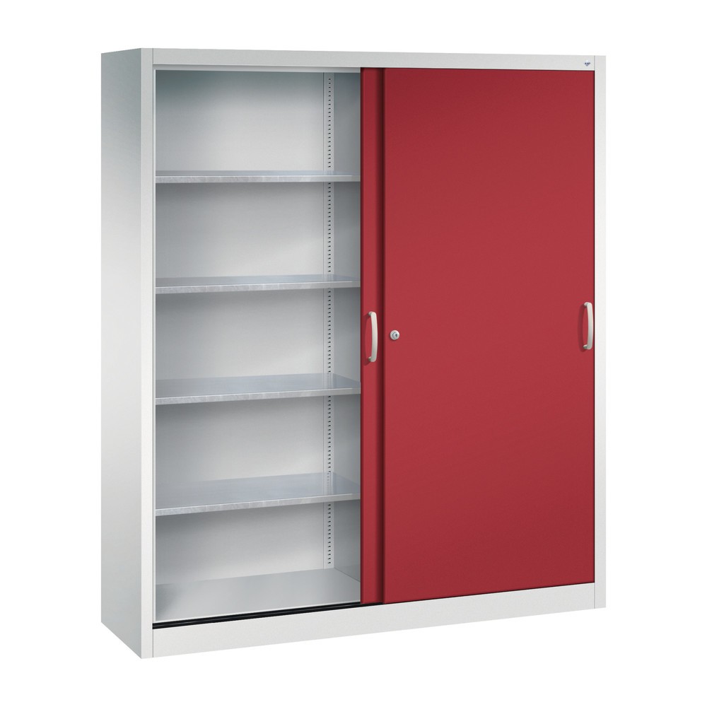 N° de l'image du produit 3 : Armoire à portes coulissantes d’atelier C+P avec 8 tablettes, H x l x P 1 950 x 1 600 x 400 mm, cloison de séparation, gris clair, rouge rubis