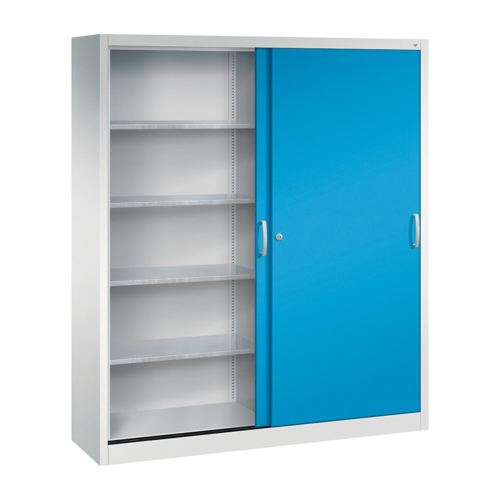 N° de l'image du produit 3 : Armoire à portes coulissantes d’atelier C+P avec 8 tablettes, H x l x P 1 950 x 1 600 x 400 mm, cloison de séparation, gris clair, bleu clair