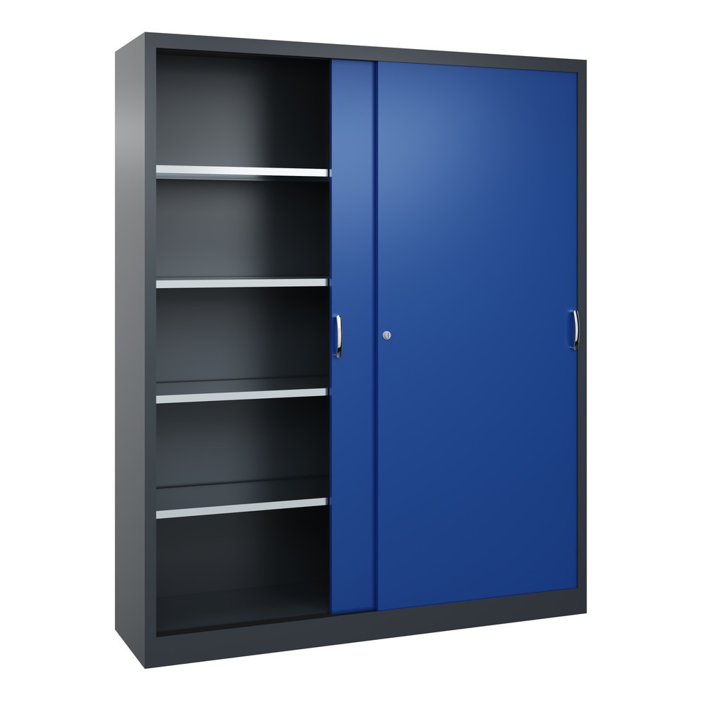 N° de l'image du produit 3 : Armoire à portes coulissantes d’atelier C+P avec 8 tablettes, H x l x P 1 950 x 1 600 x 400 mm, cloison de séparation, gris anthracite, bleu gentiane