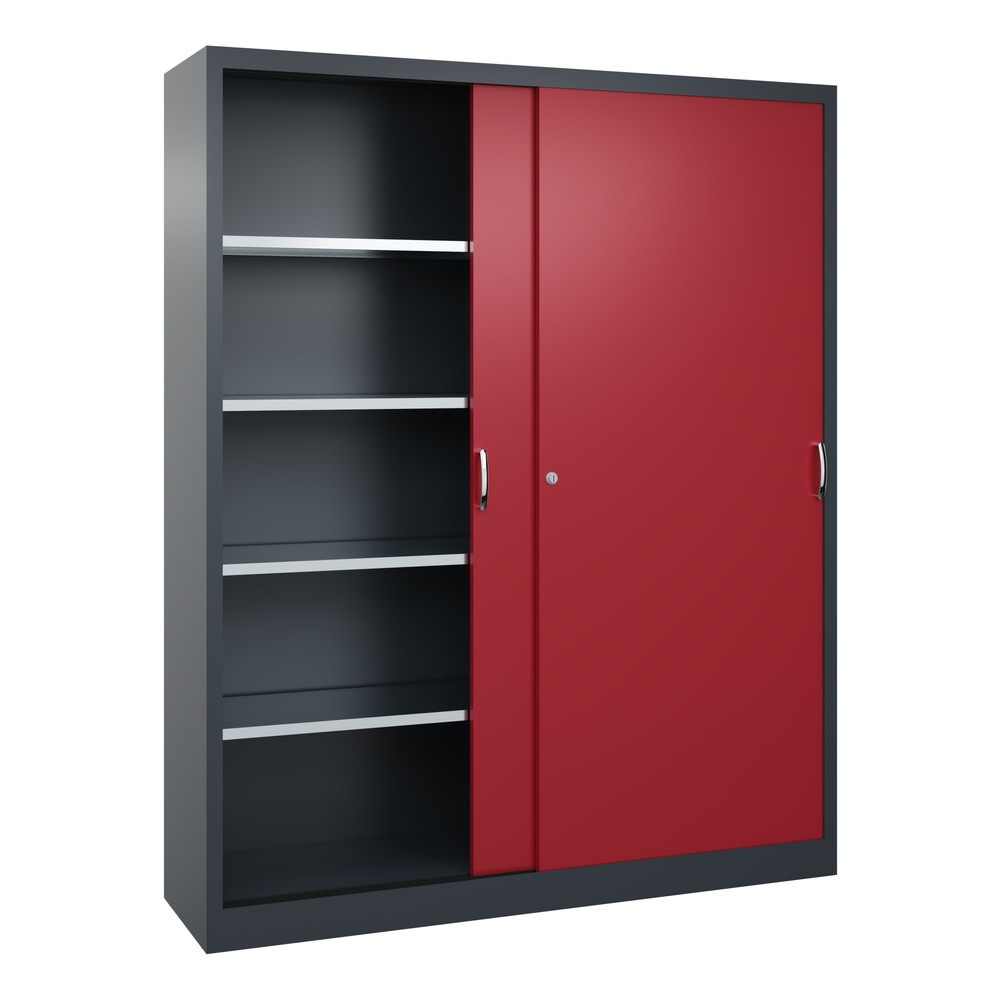 N° de l'image du produit 3 : Armoire à portes coulissantes d’atelier C+P avec 8 tablettes, H x l x P 1 950 x 1 600 x 400 mm, cloison de séparation, gris anthracite, rouge rubis