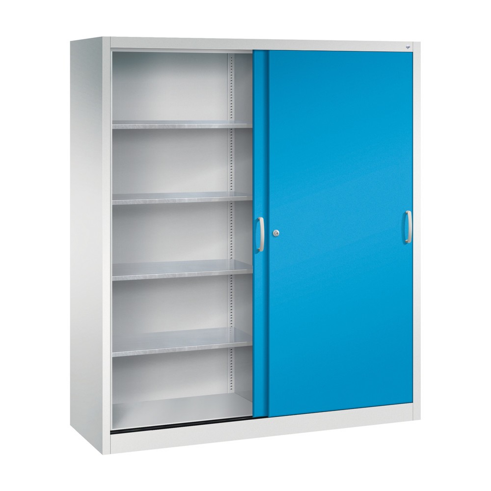 N° de l'image du produit 3 : Armoire à portes coulissantes d’atelier C+P avec 8 tablettes, H x l x P 1 950 x 1 600 x 500 mm, cloison de séparation, gris clair, bleu clair