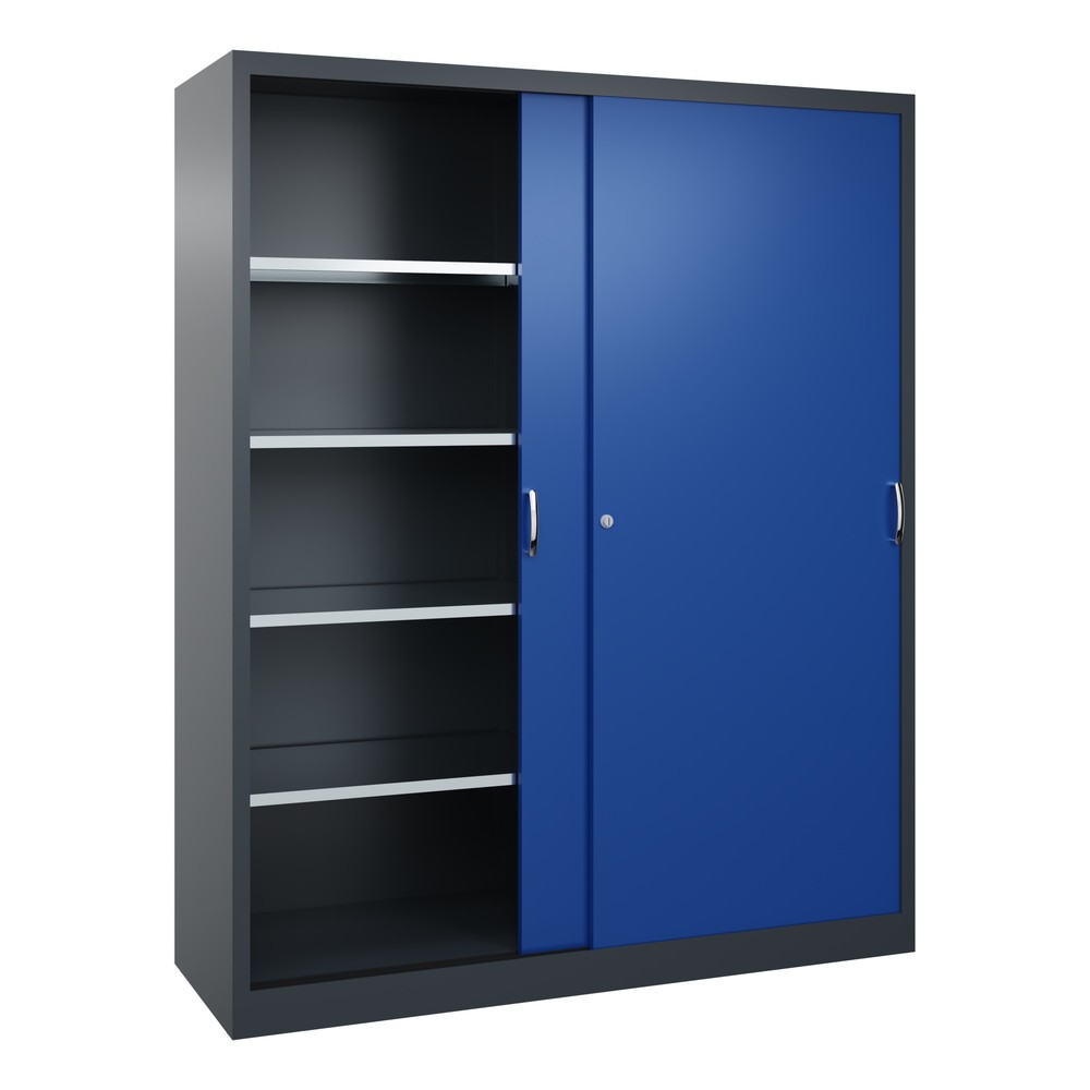 N° de l'image du produit 3 : Armoire à portes coulissantes d’atelier C+P avec 8 tablettes, H x l x P 1 950 x 1 600 x 500 mm, cloison de séparation, gris anthracite, bleu gentiane