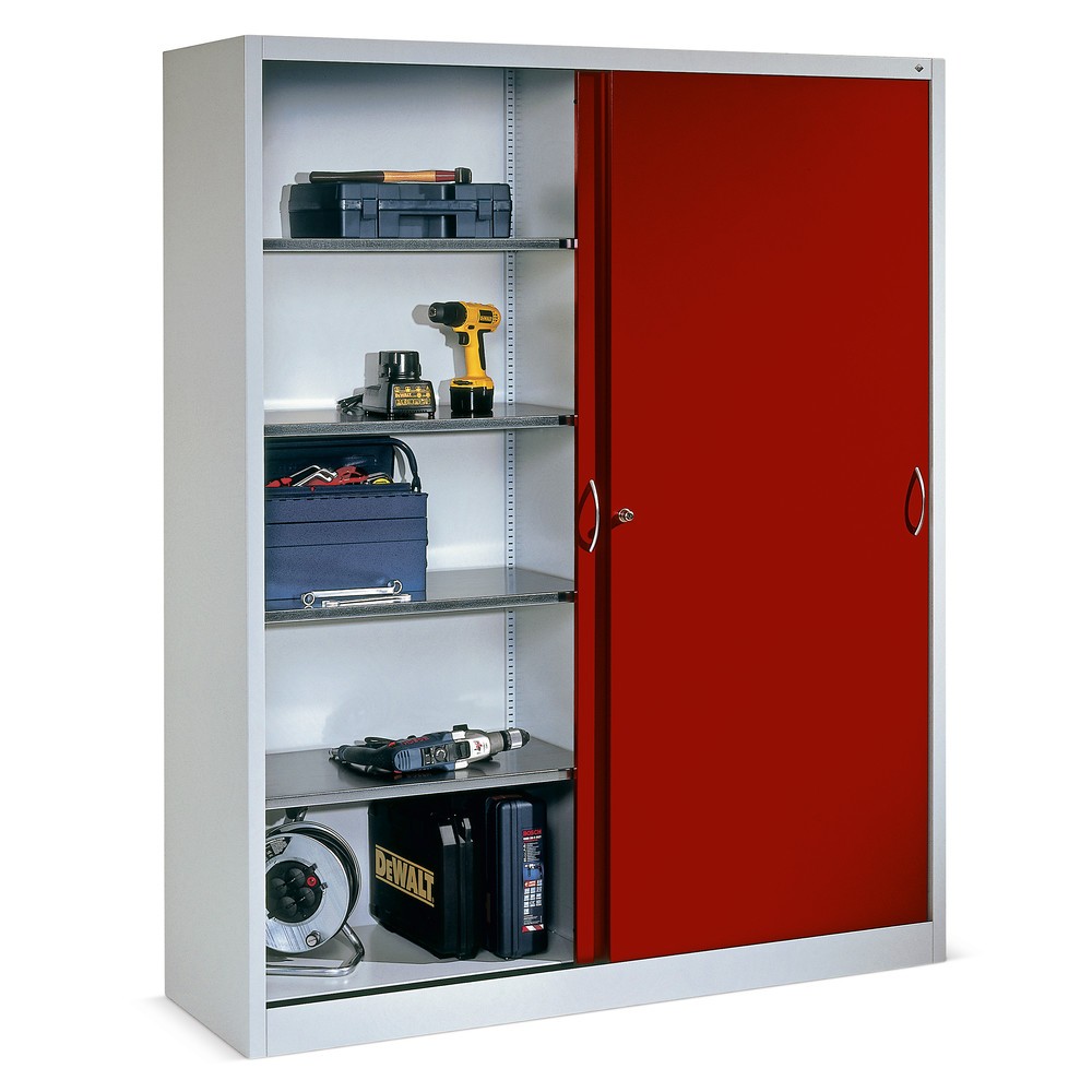 N° de l'image du produit 2 : Armoire à portes coulissantes d’atelier C+P avec 8 tablettes, H x l x P 1 950 x 1 600 x 500 mm, cloison de séparation, gris clair, bleu clair