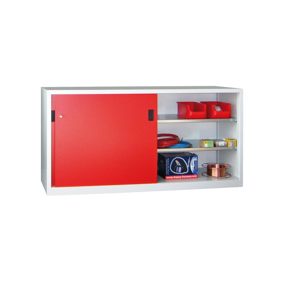 Illustration du produit: Armoire à portes coulissantes PAVOY avec 4 tablettes + cloison de séparation, HxlxP 1 000 x 1 500 x 400 mm, bleu gentiane, gris clair