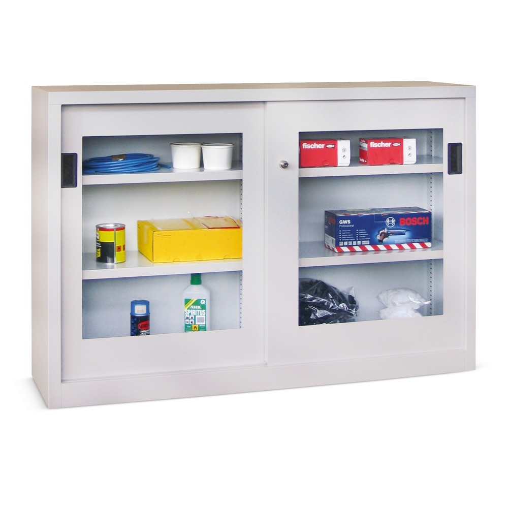 Illustration du produit: Armoire à portes coulissantes PAVOY avec regards + 2 tablettes, H x l x P 1 000 x 1 000 x 400 mm, bleu gentiane, gris clair