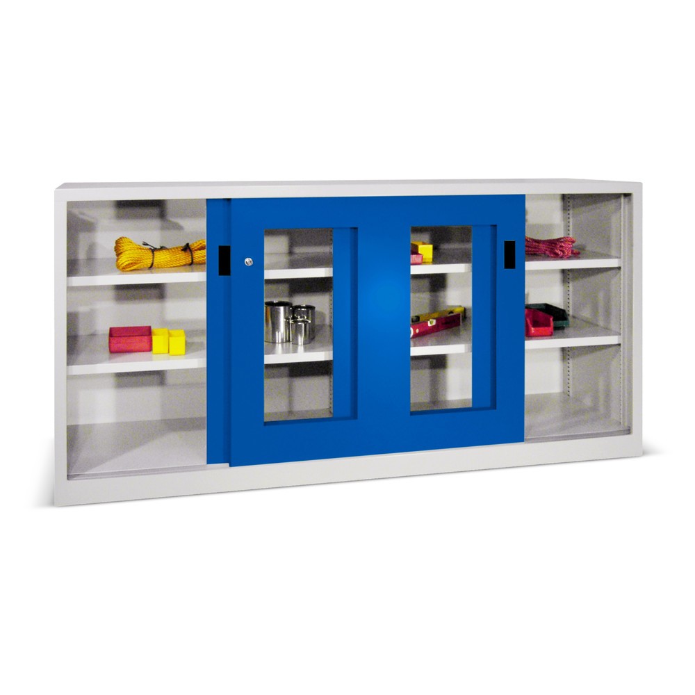Illustration du produit: Armoire à portes coulissantes PAVOY avec regards + 4 tablettes + cloison de séparation, H x l x P 1 000 x 1 500 x 400 mm, bleu gentiane, gris clair