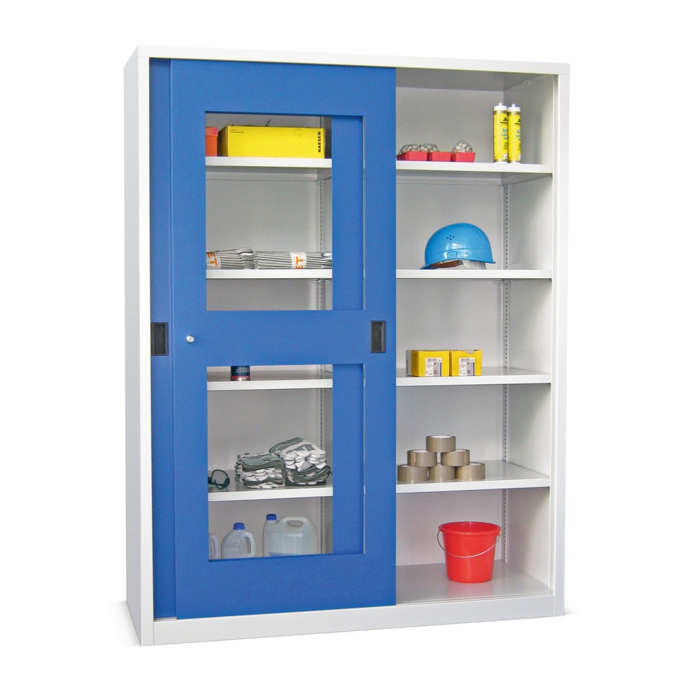 Illustration du produit: Armoire à portes coulissantes PAVOY avec regards + 8 tablettes + cloison de séparation, H x l x P 1 950 x 1 500 x 400 mm, bleu gentiane, gris clair