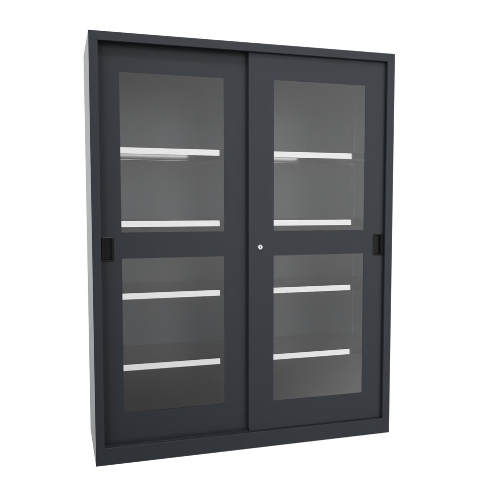 Illustration du produit: Armoire à portes coulissantes PAVOY avec regards + 8 tablettes + cloison de séparation, H x l x P 1 950 x 1 500 x 500 mm, bleu gentiane, gris clair