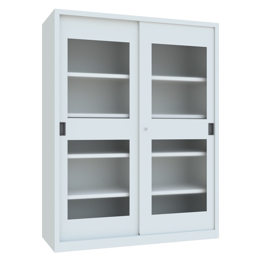 N° de l'image du produit 3 : Armoire à portes coulissantes PAVOY avec regards + 8 tablettes + cloison de séparation, H x l x P 1 950 x 1 500 x 600 mm, gris clair, gris clair