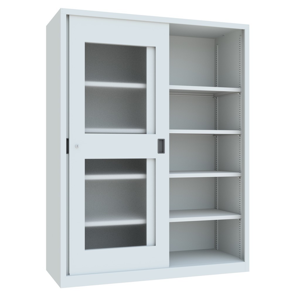 N° de l'image du produit 4 : Armoire à portes coulissantes PAVOY avec regards + 8 tablettes + cloison de séparation, H x l x P 1 950 x 1 500 x 600 mm, gris clair, gris clair