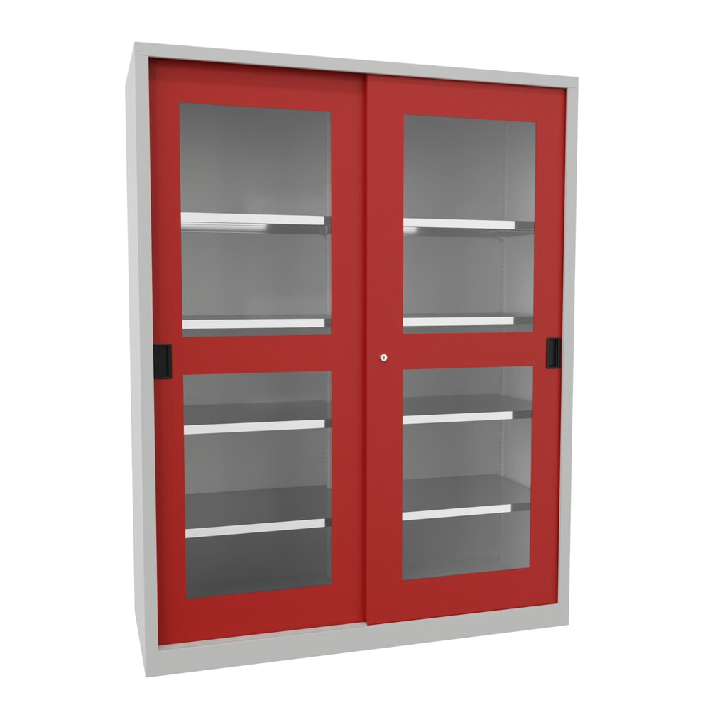 Illustration du produit: Armoire à portes coulissantes PAVOY avec regards + 8 tablettes + cloison de séparation, H x l x P 1 950 x 1 500 x 600 mm, rouge feu, gris clair