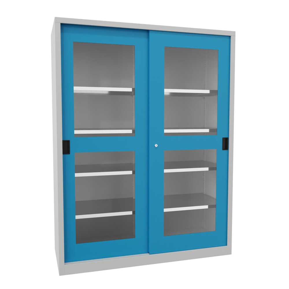 N° de l'image du produit 1 : Armoire à portes coulissantes PAVOY avec regards + 8 tablettes + cloison de séparation, H x l x P 1 950 x 1 500 x 600 mm, bleu clair, gris clair