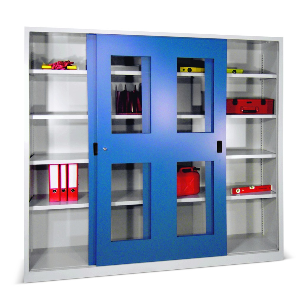 Illustration du produit: Armoire à portes coulissantes PAVOY avec regards + 8 tablettes + cloison de séparation, H x l x P 1 950 x 2 000 x 500 mm, bleu gentiane, gris clair