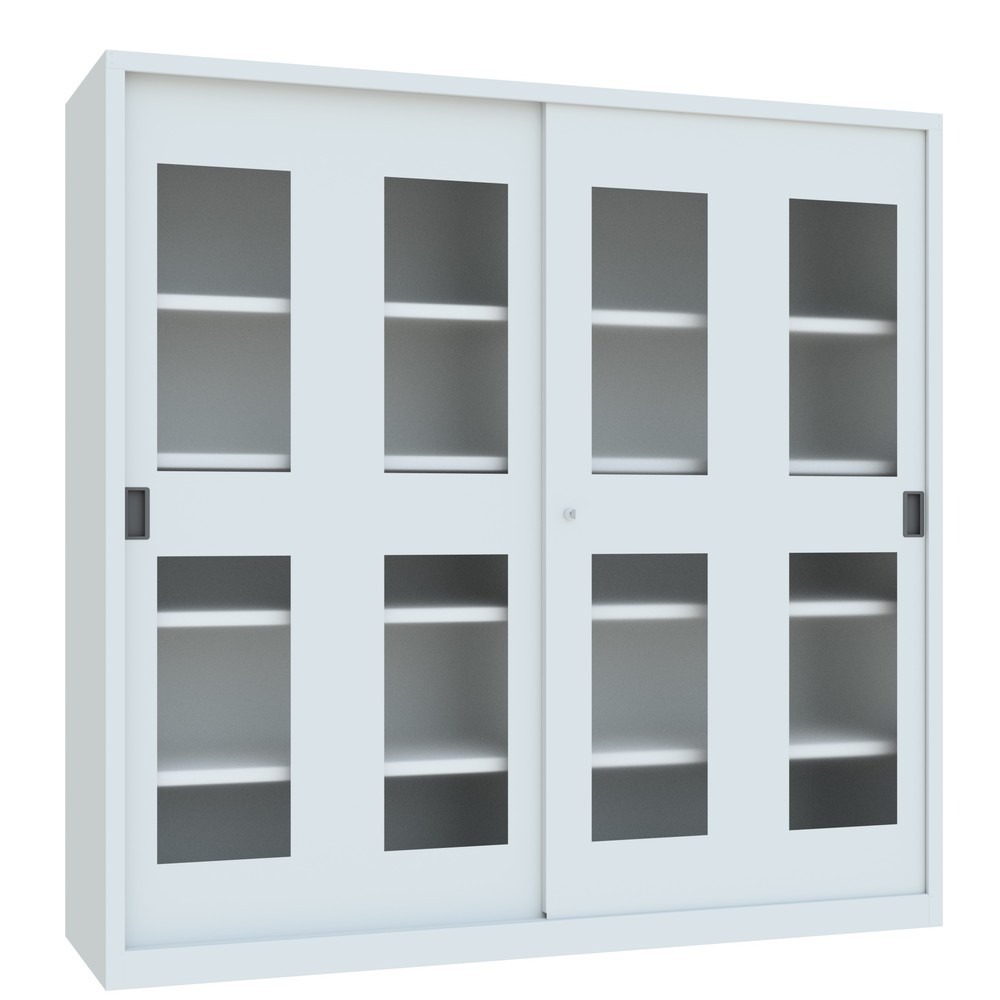 N° de l'image du produit 3 : Armoire à portes coulissantes PAVOY avec regards + 8 tablettes + cloison de séparation, H x l x P 1 950 x 2 000 x 600 mm, gris clair, gris clair